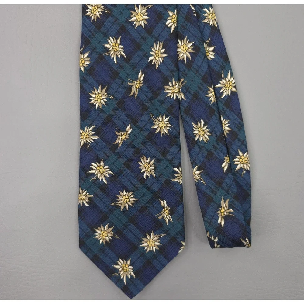 Brooks Brothers Tie Mens Blue Silk Tartan Plaid Edelweiss Floral‎ USA Necktie